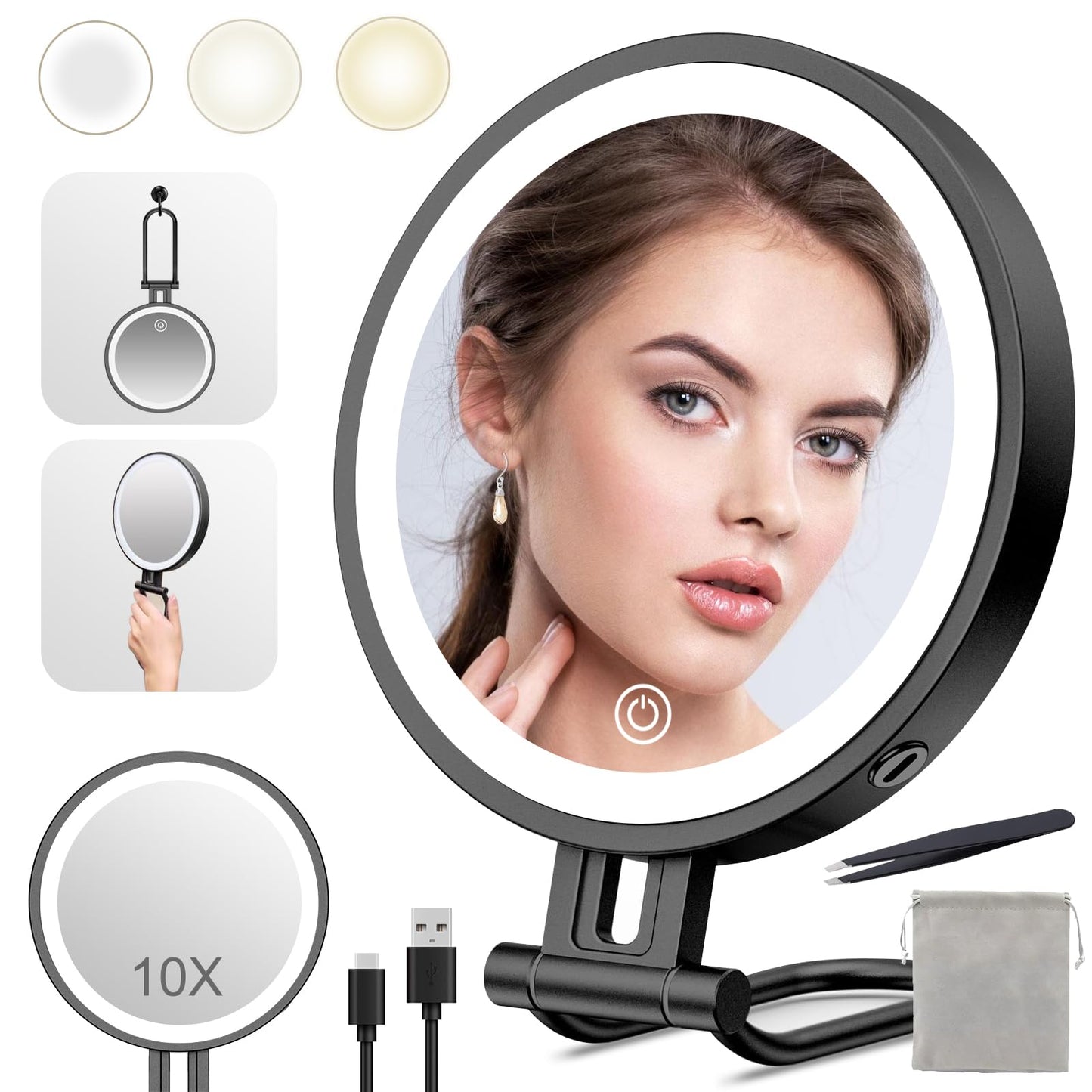 Rocollos 6.0 Black-Trave Lighted 3 in 1 Handheld Hanging Desktop Makeup Mirror