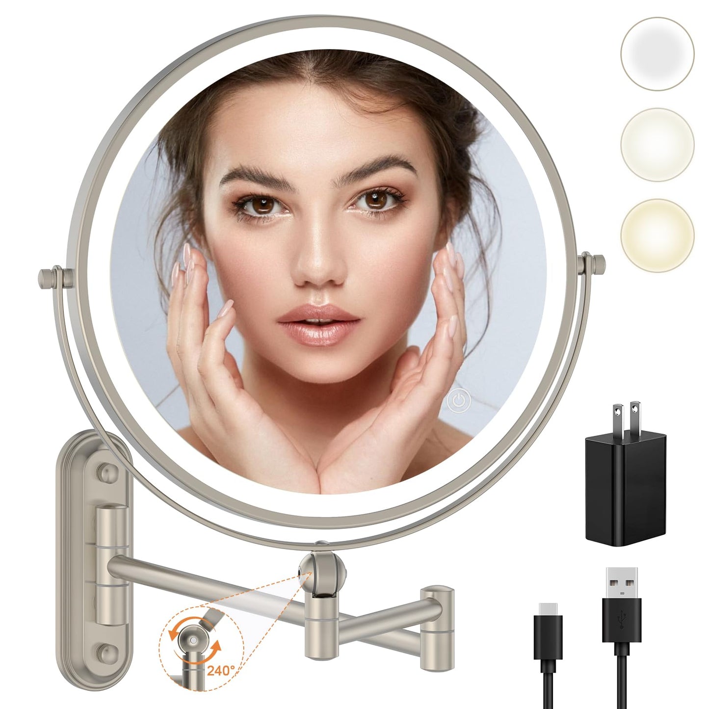 Rocollos 5.0 Nickle-Upgrade Minimal Base 9" Wall Mounted Makeup Lighted Mirror