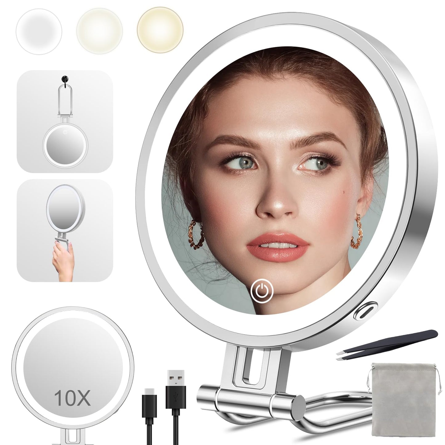 Rocollos 6.0 Chrome-Trave Lighted 3 in 1 Handheld Hanging Desktop Makeup Mirror