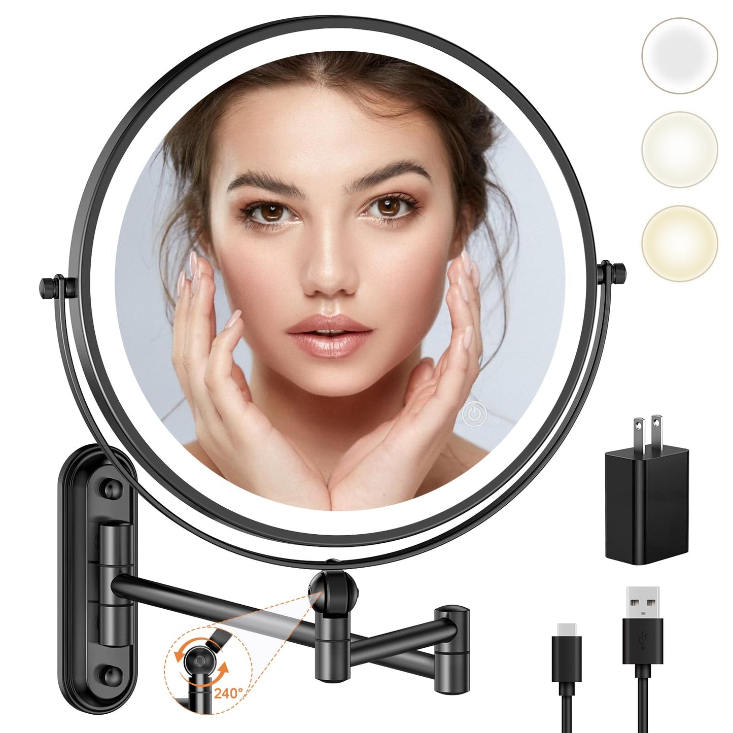 Rocollos 5.0 Black-Upgrade Minimal Base 9" Wall Mounted Makeup Lighted Mirror