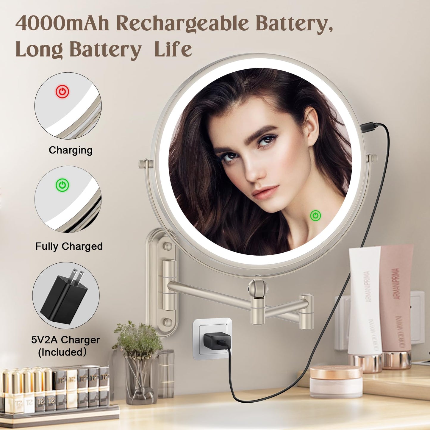 Rocollos 5.0 Nickle-Upgrade Minimal Base 9" Wall Mounted Makeup Lighted Mirror
