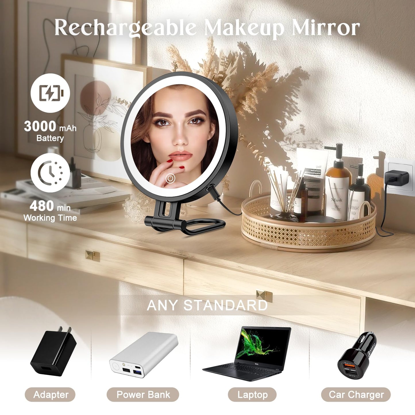 Rocollos 6.0 Black-Trave Lighted 3 in 1 Handheld Hanging Desktop Makeup Mirror