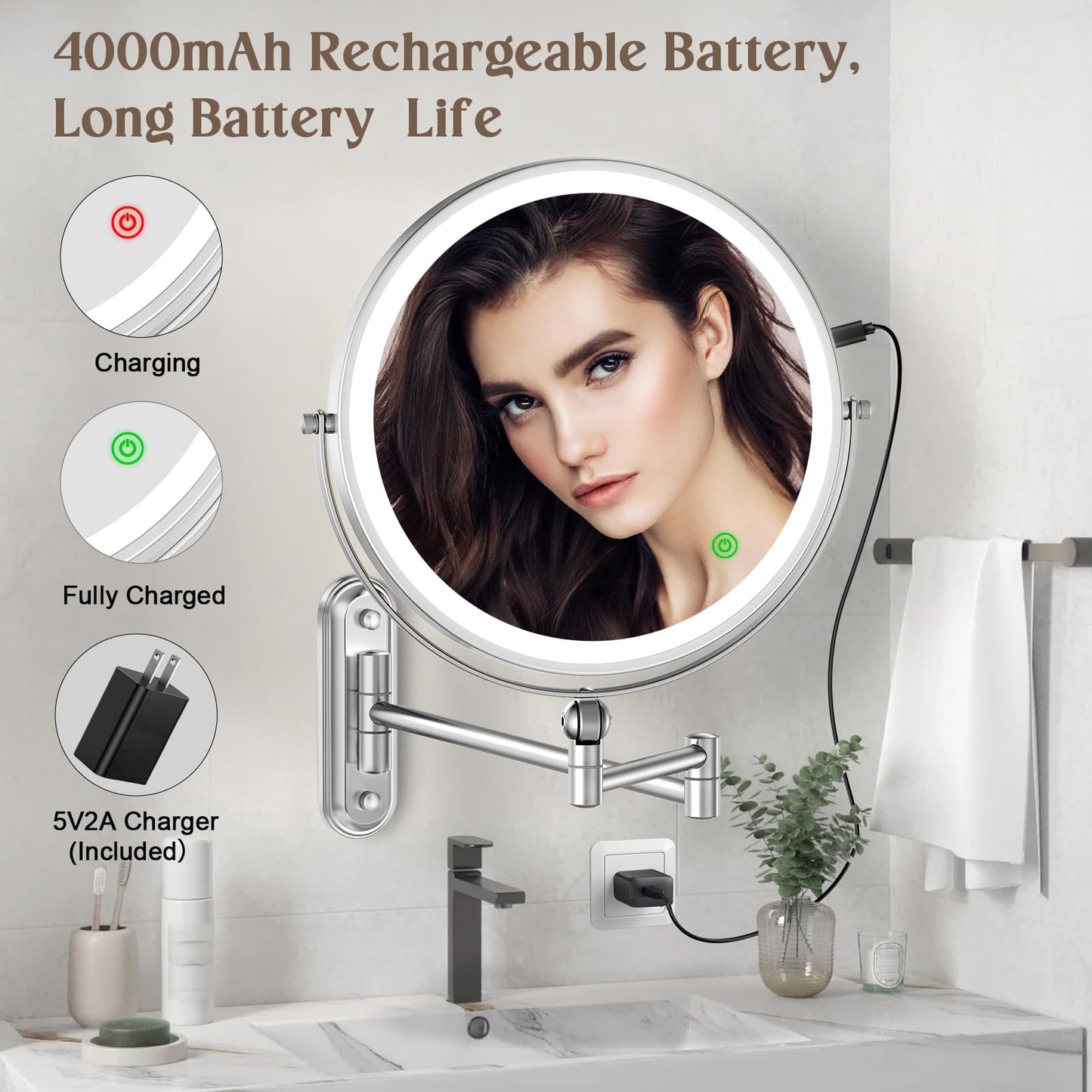 Rocollos 5.0 Chrome-Upgrade Minimal Base 9" Wall Mounted Makeup Lighted Mirror
