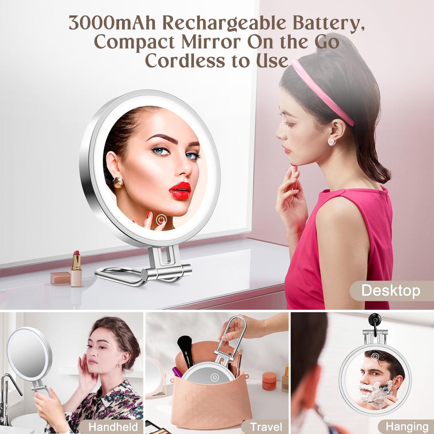 Rocollos 6.0 Chrome-Trave Lighted 3 in 1 Handheld Hanging Desktop Makeup Mirror