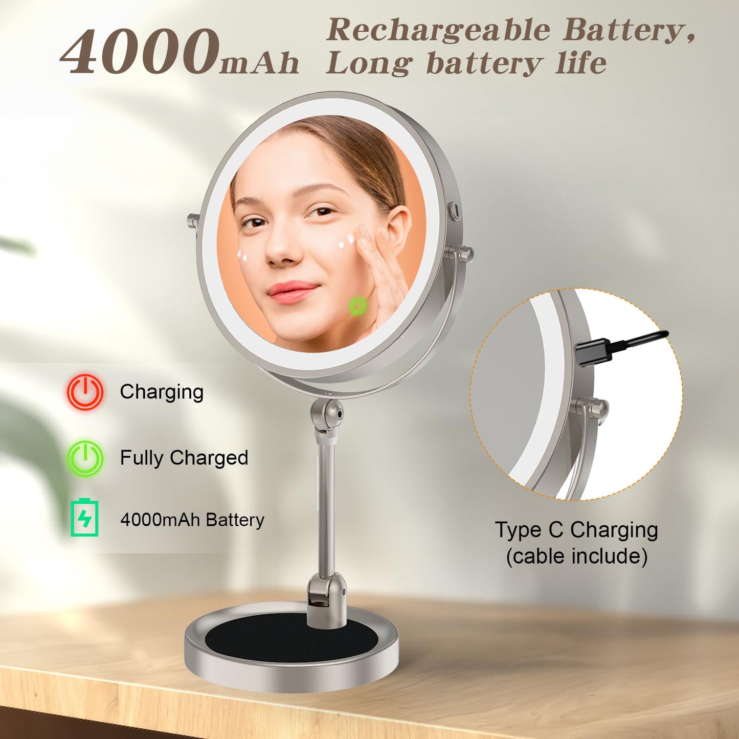 Rocollos 3.0 Nickle-9" Rechargeable Tabletop Lighted Vanity Personal Makeup Mirror
