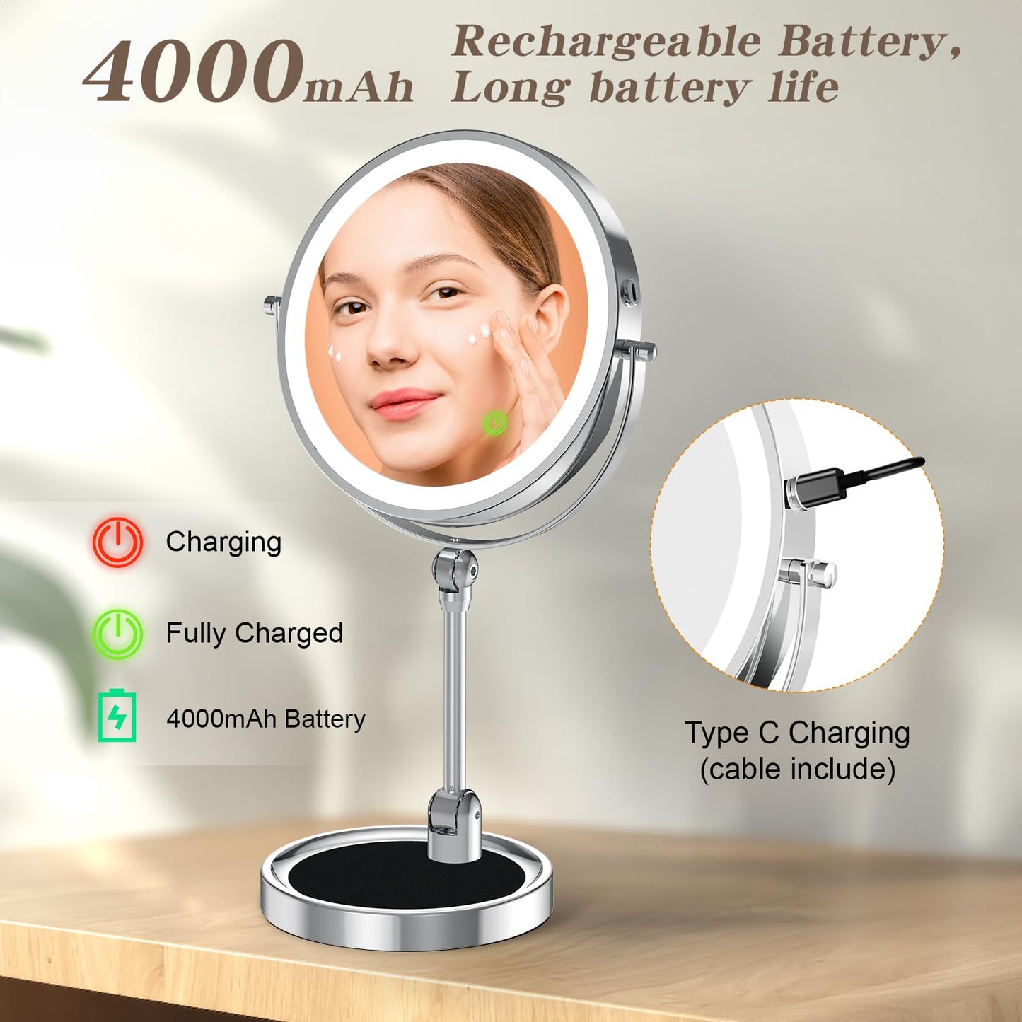 Rocollos 3.0 Chrome-8" Rechargeable Tabletop Lighted Vanity Personal Makeup Mirror