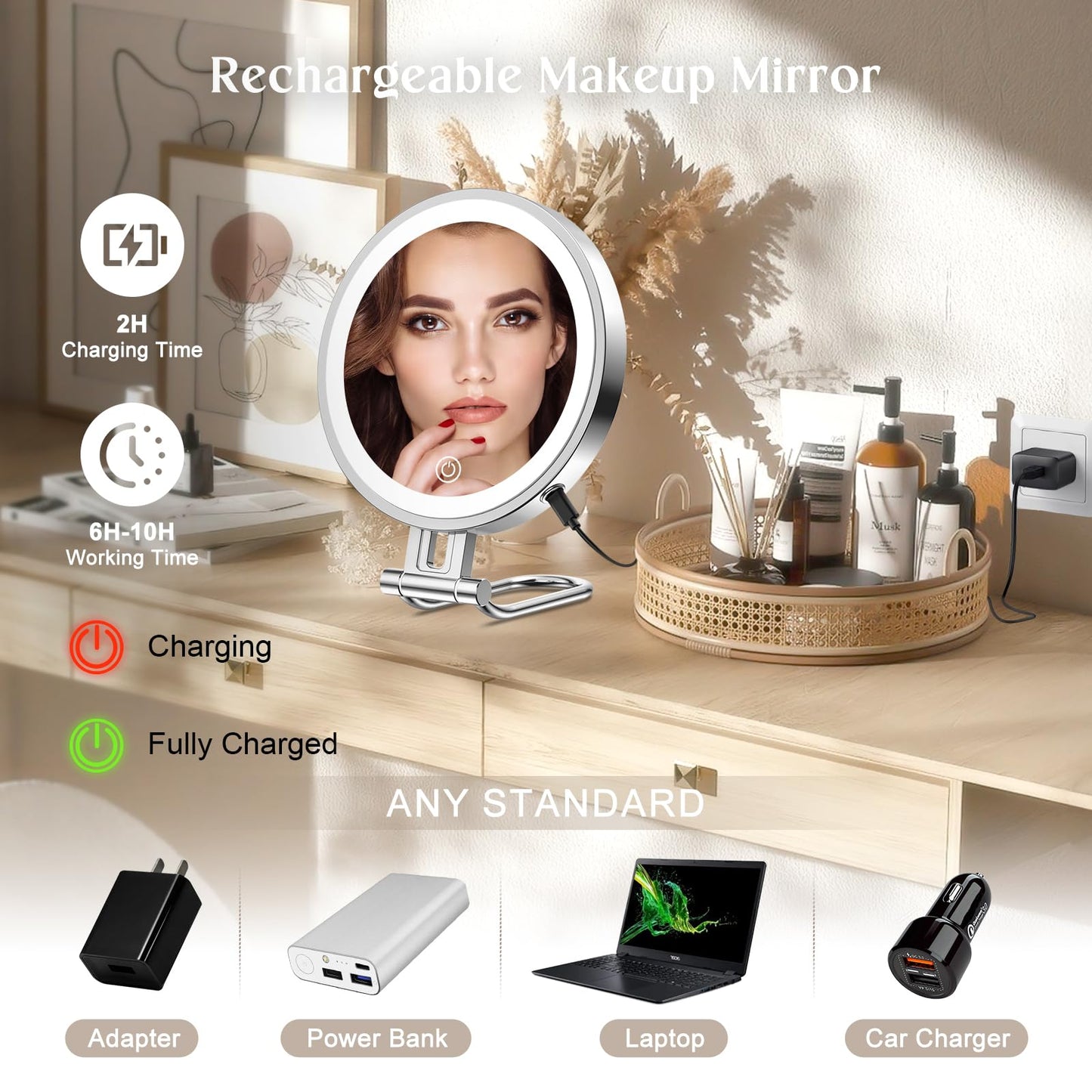 Rocollos 6.0 Chrome-Trave Lighted 3 in 1 Handheld Hanging Desktop Makeup Mirror
