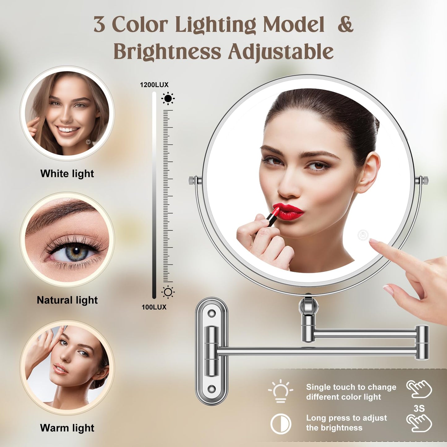 Rocollos 5.0 Chrome-Upgrade Minimal Base 9" Wall Mounted Makeup Lighted Mirror