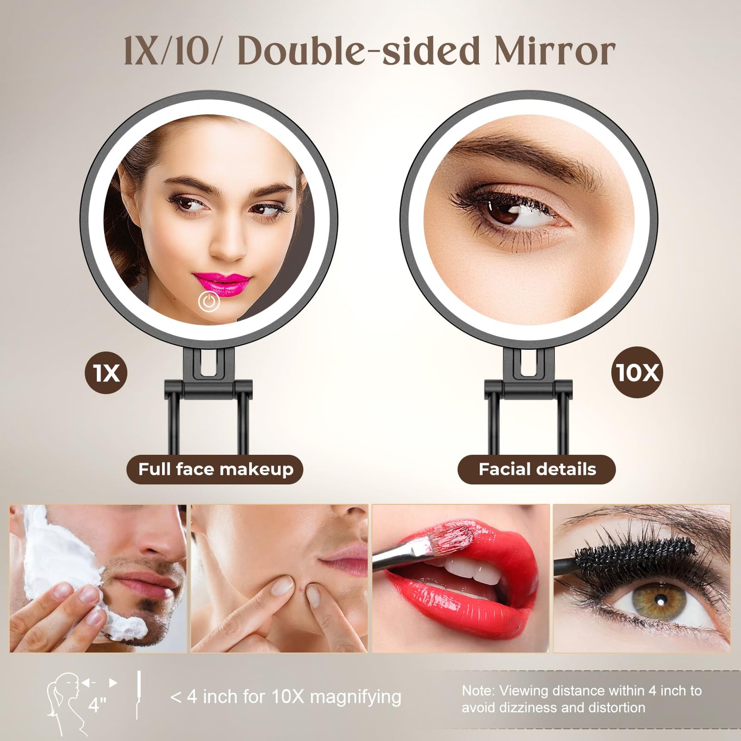 Rocollos 6.0 Black-Trave Lighted 3 in 1 Handheld Hanging Desktop Makeup Mirror