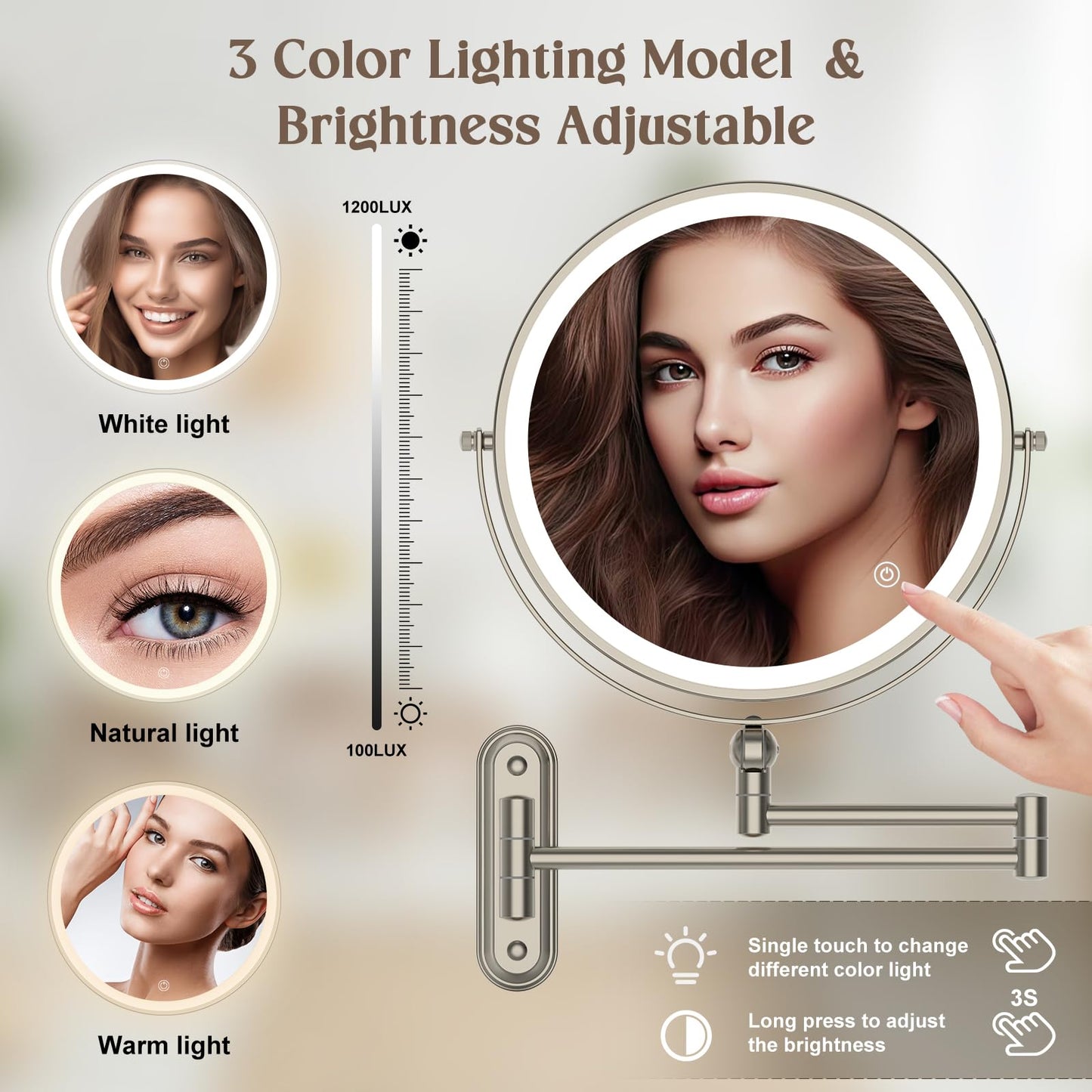 Rocollos 5.0 Nickle-Upgrade Minimal Base 9" Wall Mounted Makeup Lighted Mirror