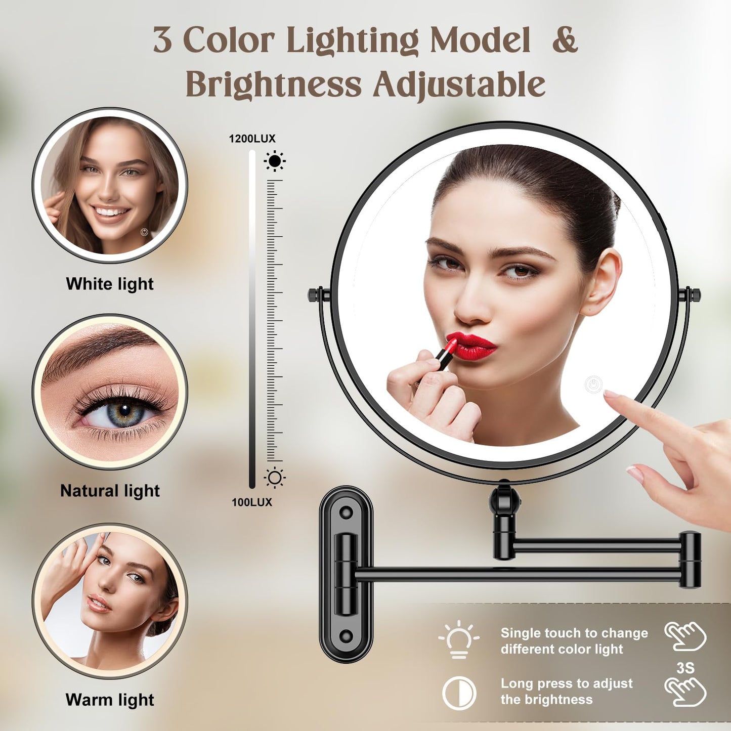 Rocollos 5.0 Black-Upgrade Minimal Base 9" Wall Mounted Makeup Lighted Mirror