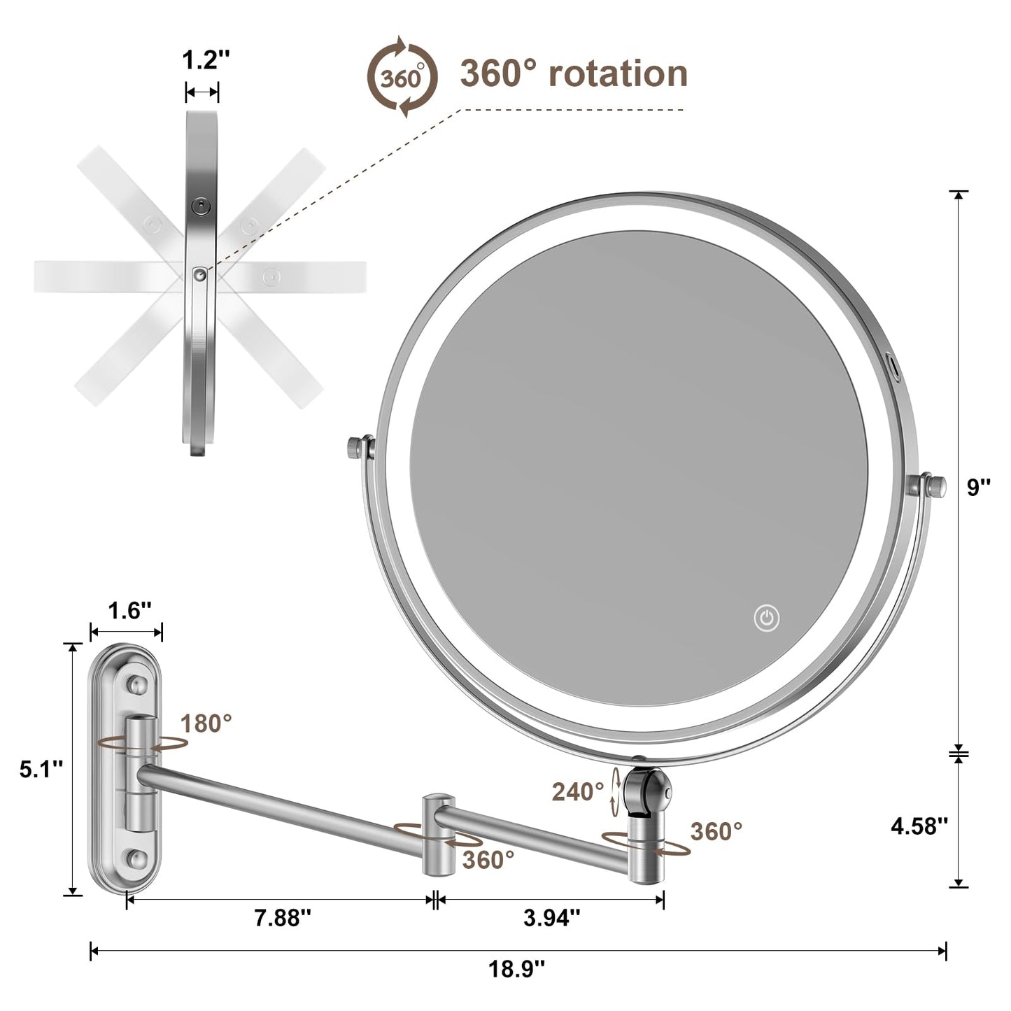 Rocollos 5.0 Chrome-Upgrade Minimal Base 9" Wall Mounted Makeup Lighted Mirror