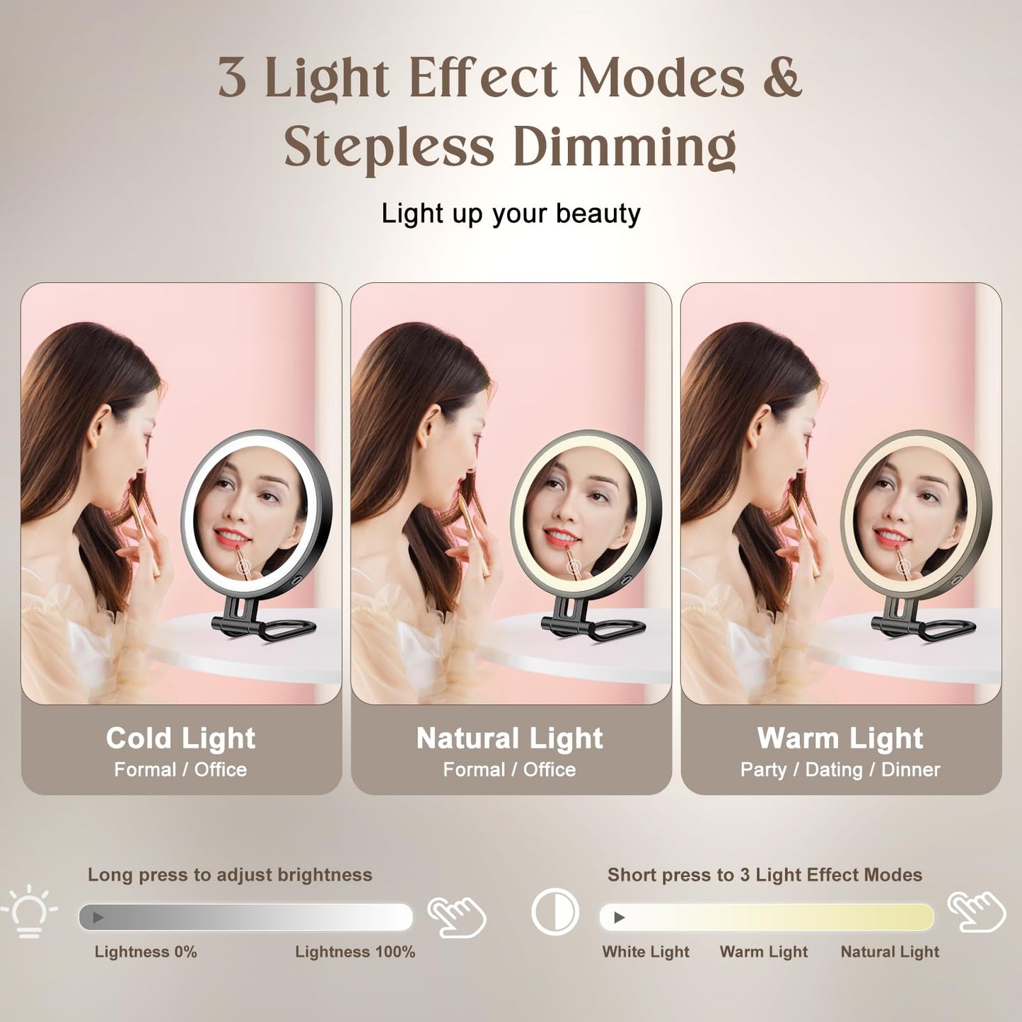 Rocollos 6.0 Black-Trave Lighted 3 in 1 Handheld Hanging Desktop Makeup Mirror