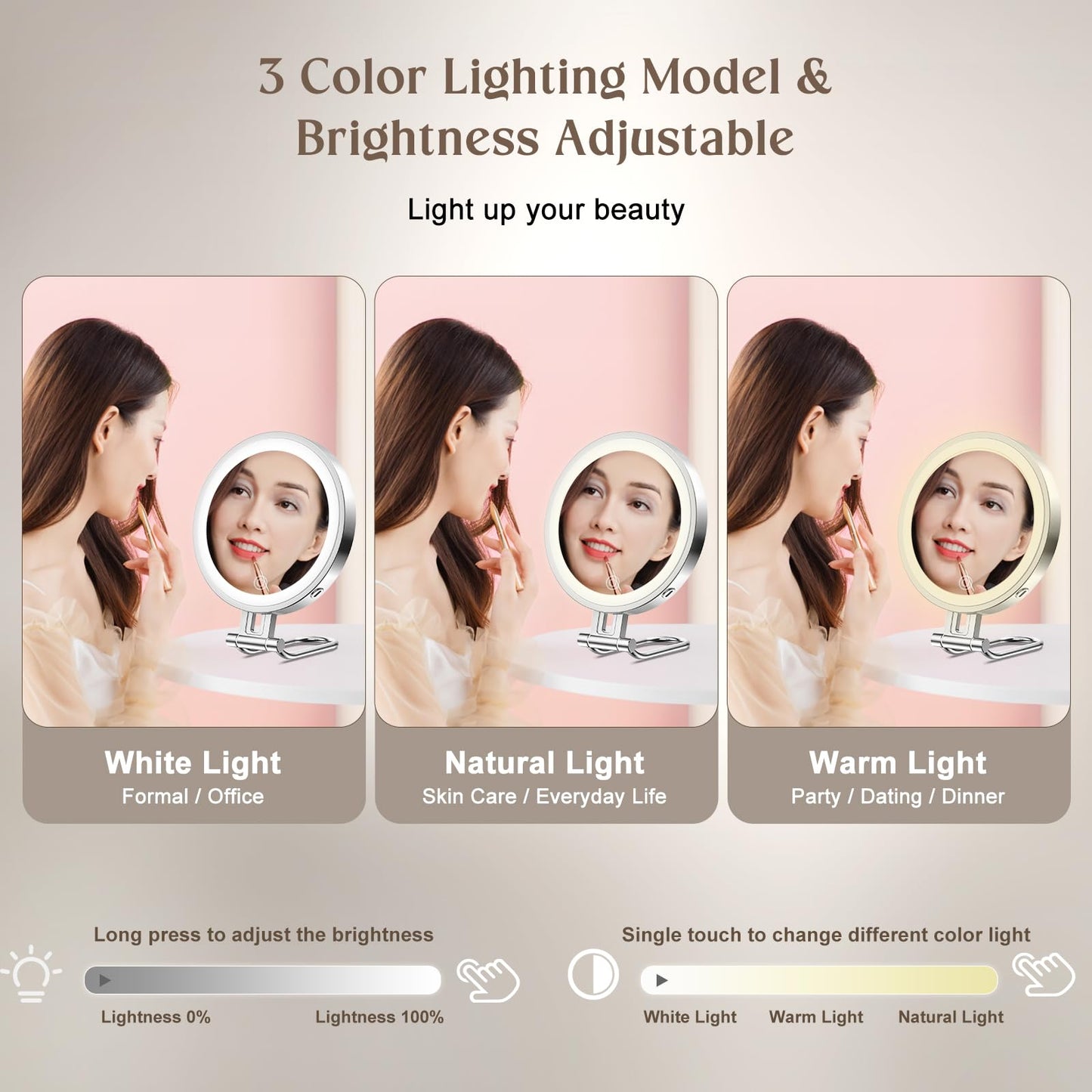 Rocollos 6.0 Chrome-Trave Lighted 3 in 1 Handheld Hanging Desktop Makeup Mirror