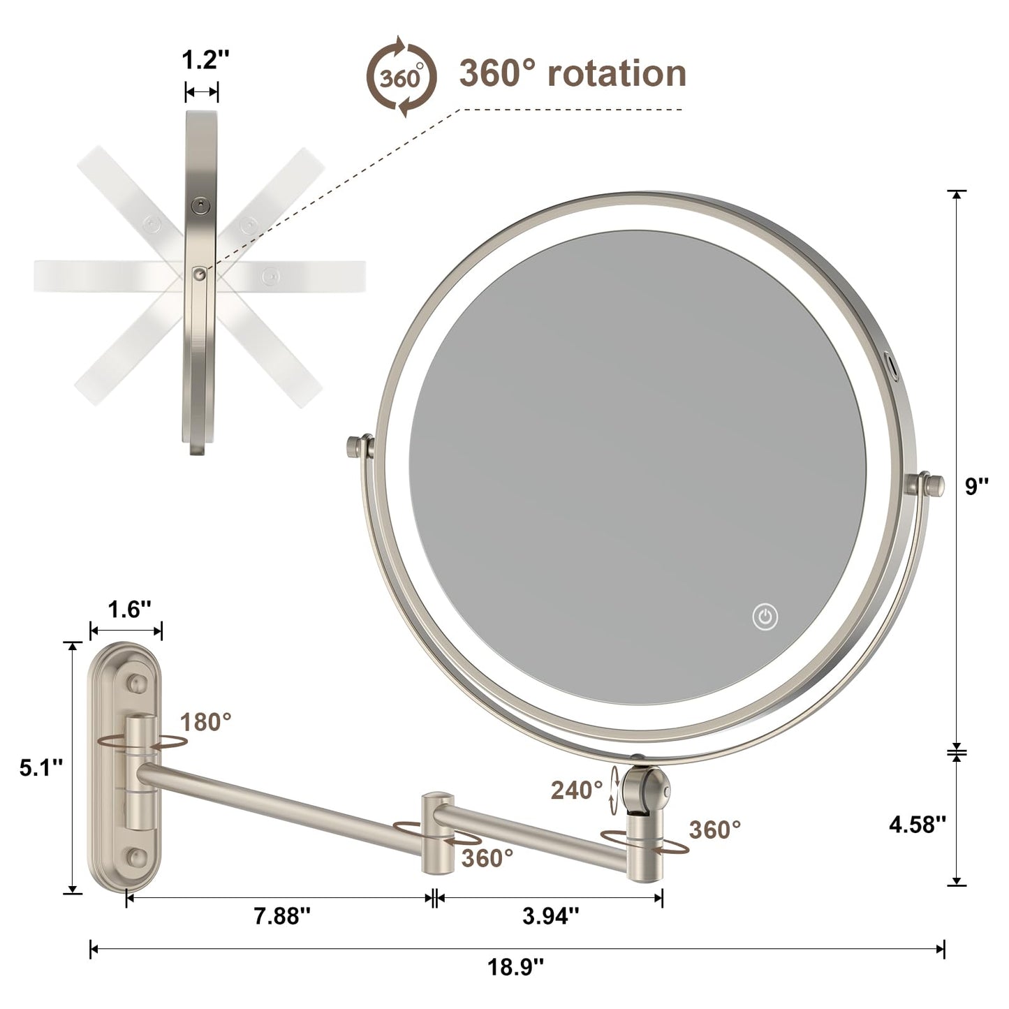 Rocollos 5.0 Nickle-Upgrade Minimal Base 9" Wall Mounted Makeup Lighted Mirror