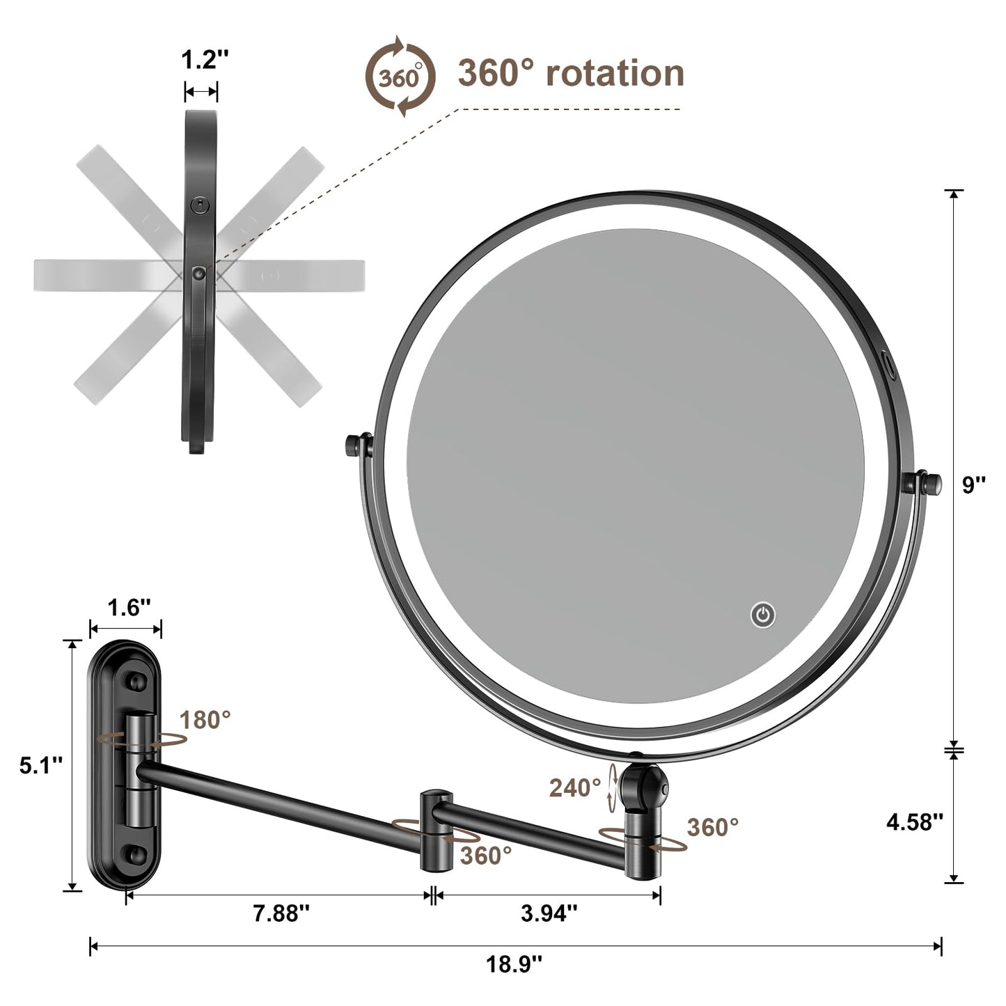 Rocollos 5.0 Black-Upgrade Minimal Base 9" Wall Mounted Makeup Lighted Mirror