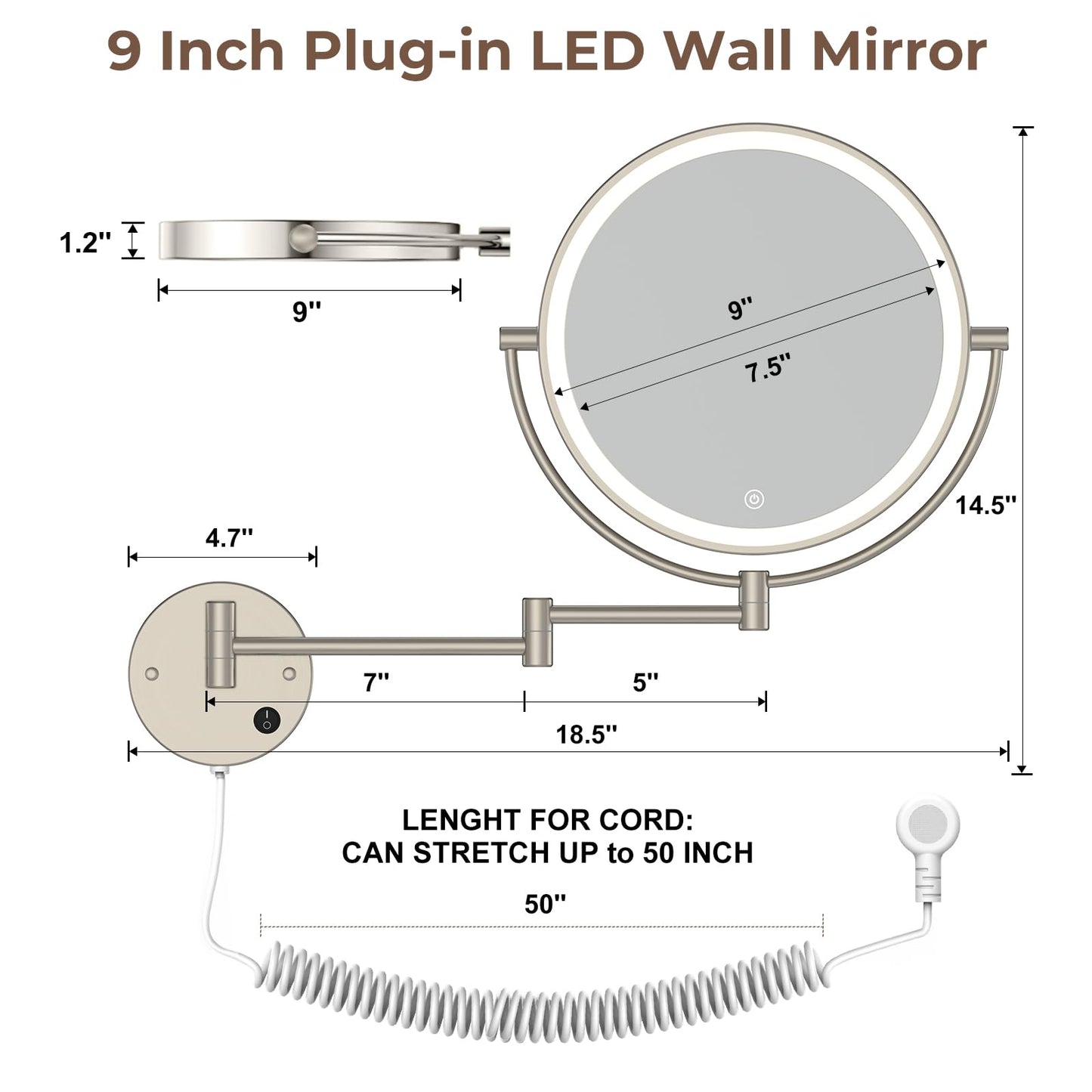 Rocollos 4.0 Nickle-9" Plug-in Wall Mounted Lighted Makeup Cosmetic Mirror