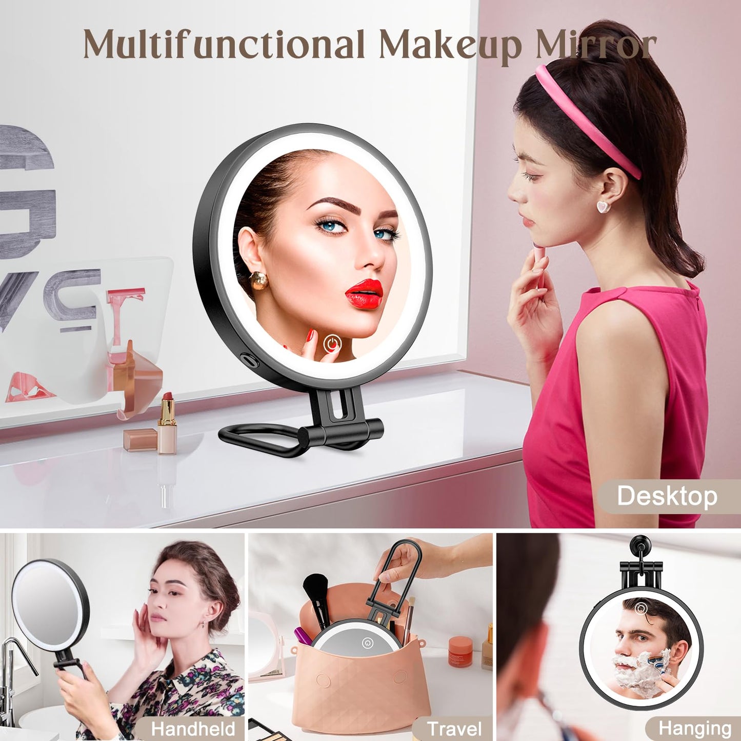 Rocollos 6.0 Black-Trave Lighted 3 in 1 Handheld Hanging Desktop Makeup Mirror