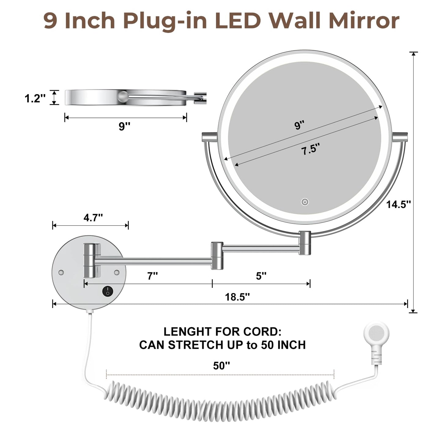 Rocollos 4.0 Chrome-9" Plug-in Wall Mounted Lighted Makeup Cosmetic Mirror