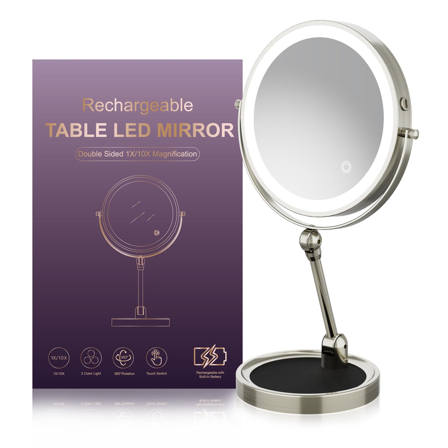 Rocollos 3.0 Nickle-9" Rechargeable Tabletop Lighted Vanity Personal Makeup Mirror