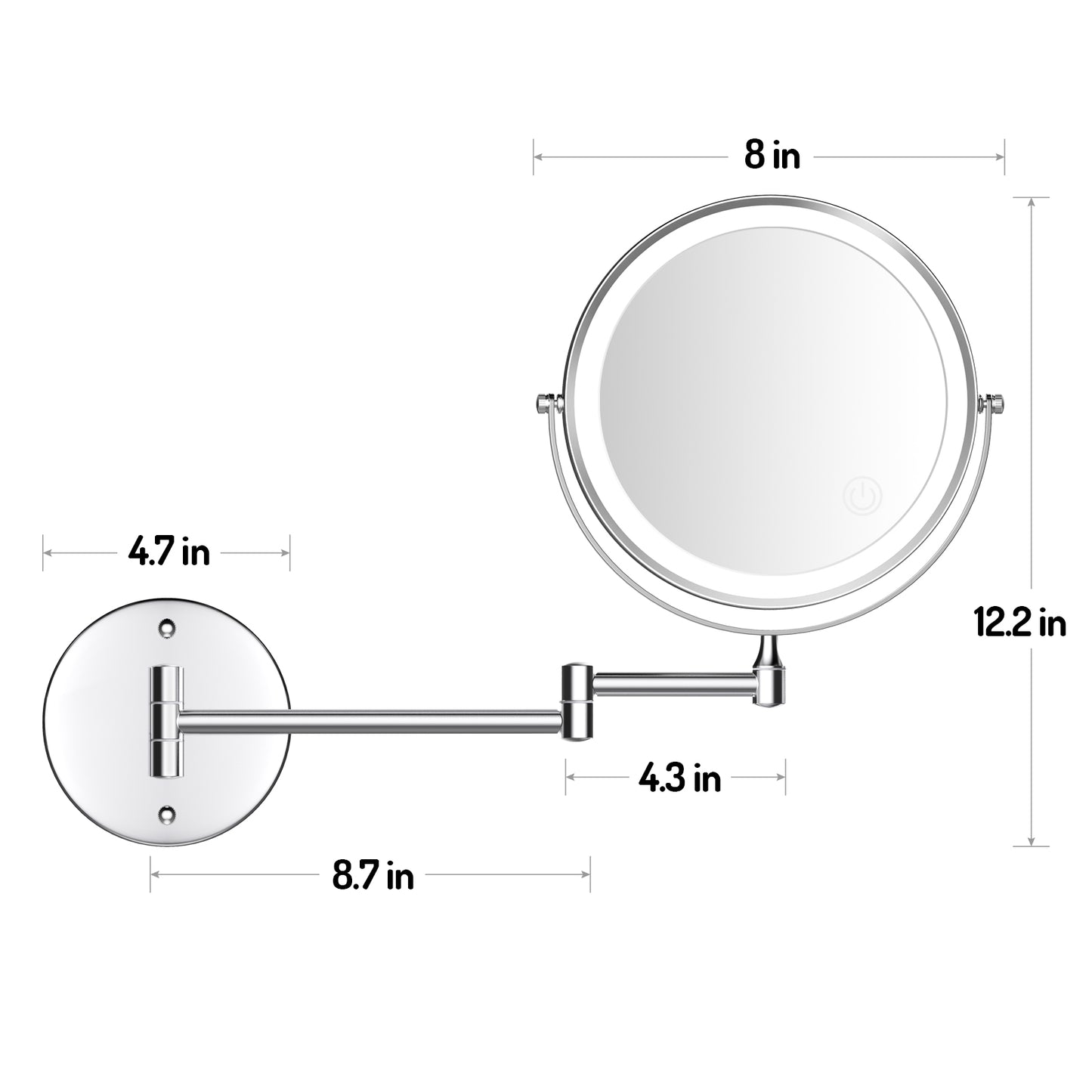 Rocollos 1.0 Chrome - Rechargeable Wall Mounted Lighted Vanity Personal Makeup Mirror