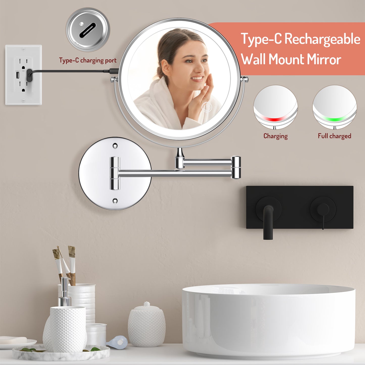 Rocollos 1.0 Chrome - Rechargeable Wall Mounted Lighted Vanity Personal Makeup Mirror