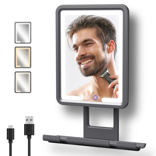 Rocollos Fogless Shower Mirror for Shaving 360° Bathroom Shower Mirror with Rechargeable 5000mAh Battery, Large Storage Shelf&Wiper