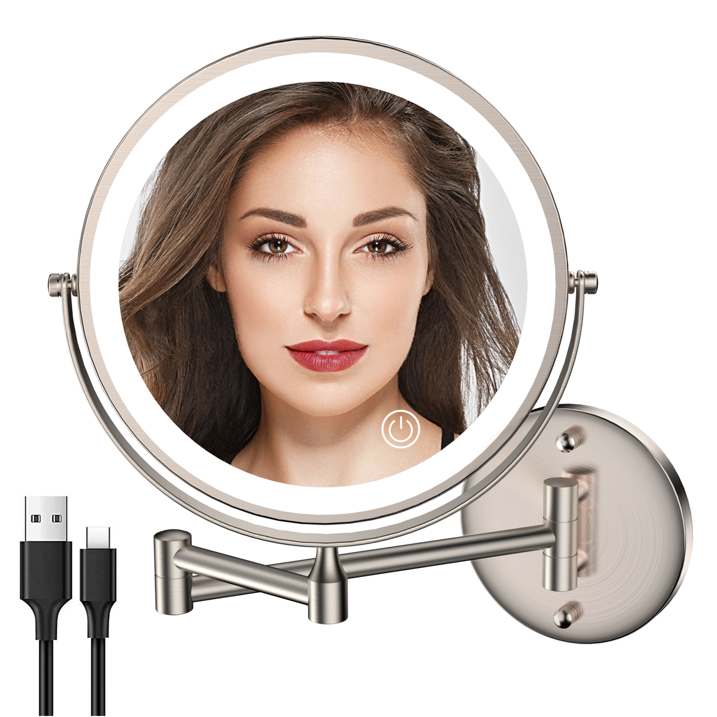 Rocollos 1.0 Nickel - Rechargeable Wall Mounted Lighted Vanity Personal Makeup Mirror