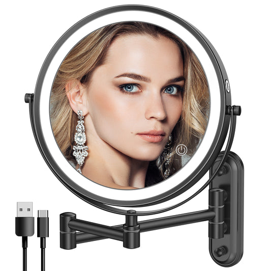 Rocollos 2.0 Black - Minimal Base Rechargeable Wall Mounted Lighted Vanity Personal Makeup Mirror