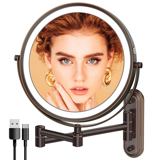 Rocollos 2.0 Bronze - Minimal Base Rechargeable Wall Mounted Lighted Vanity Personal Makeup Mirror