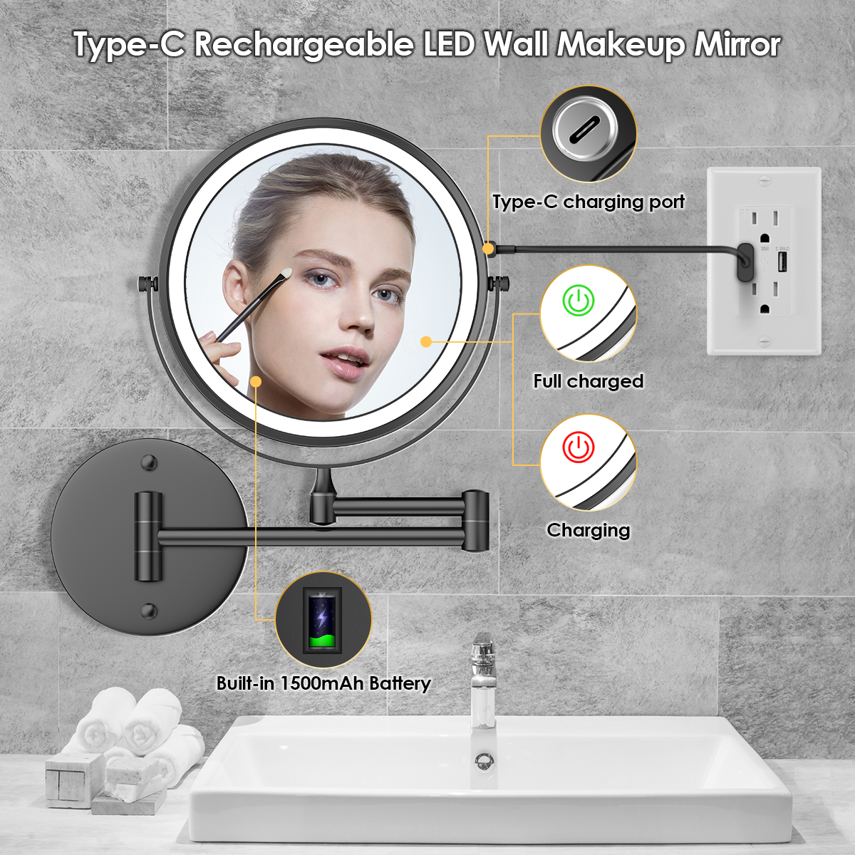 Rocollos 1.0 Black - Rechargeable Wall Mounted Lighted Vanity Personal Makeup Mirror