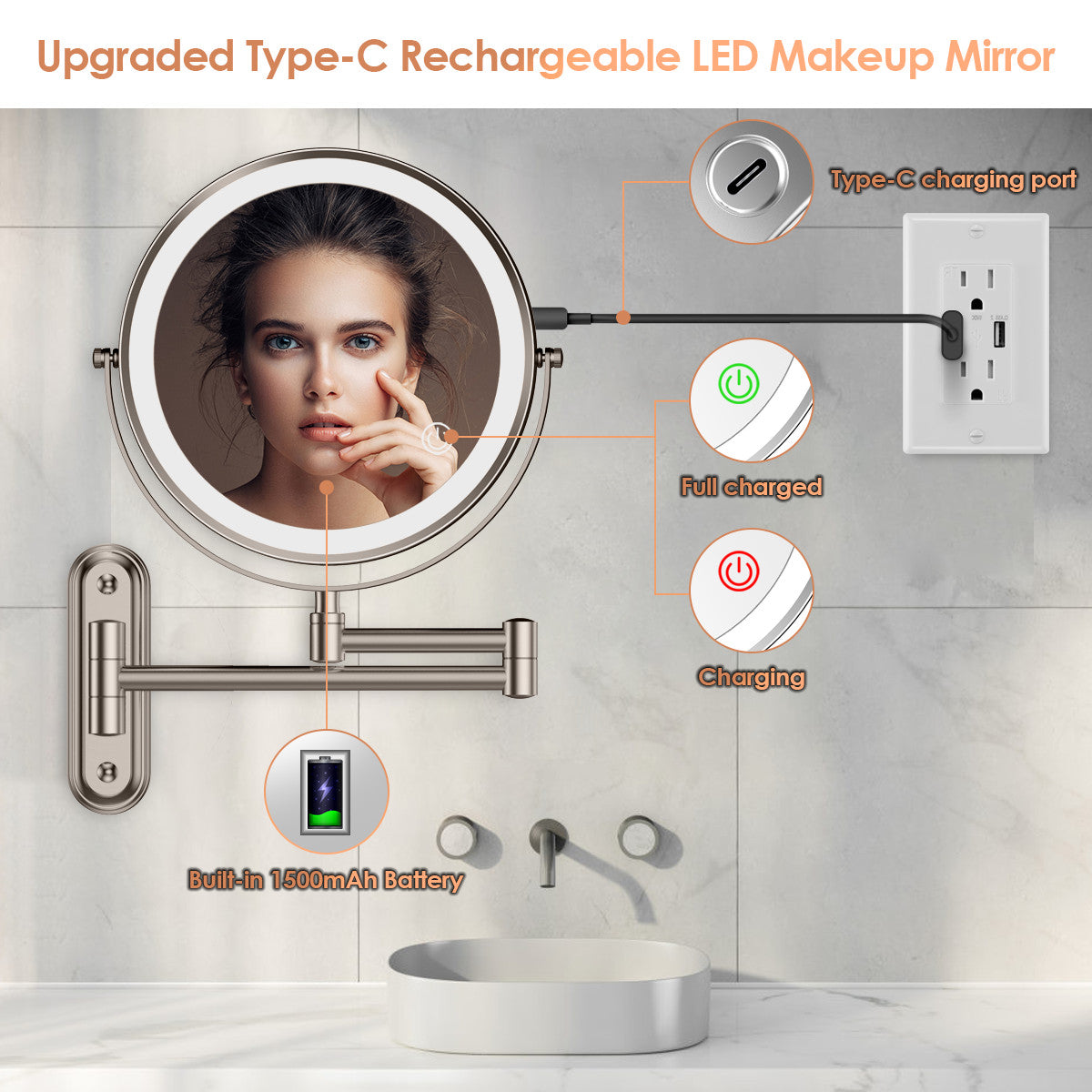 Rocollos 2.0 Nickel - Minimal Base Rechargeable Wall Mounted Lighted Vanity Personal Makeup Mirror