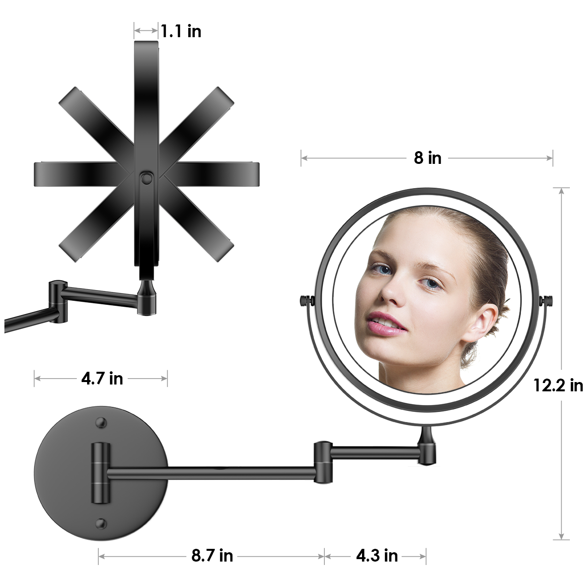 Rocollos 1.0 Black - Rechargeable Wall Mounted Lighted Vanity Personal Makeup Mirror