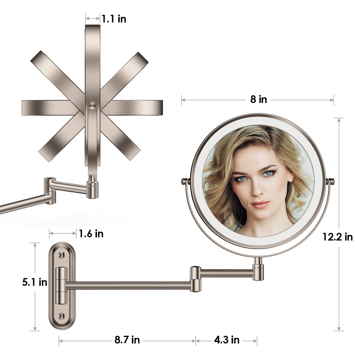 Rocollos 2.0 Nickel - Minimal Base Rechargeable Wall Mounted Lighted Vanity Personal Makeup Mirror