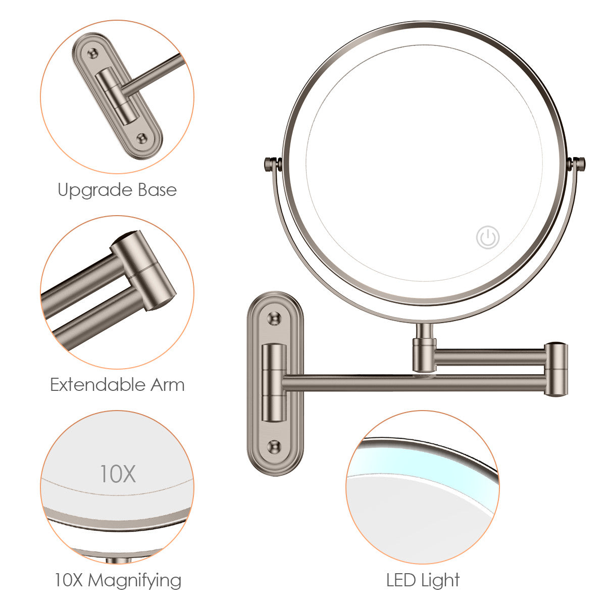 Rocollos 2.0 Nickel - Minimal Base Rechargeable Wall Mounted Lighted Vanity Personal Makeup Mirror