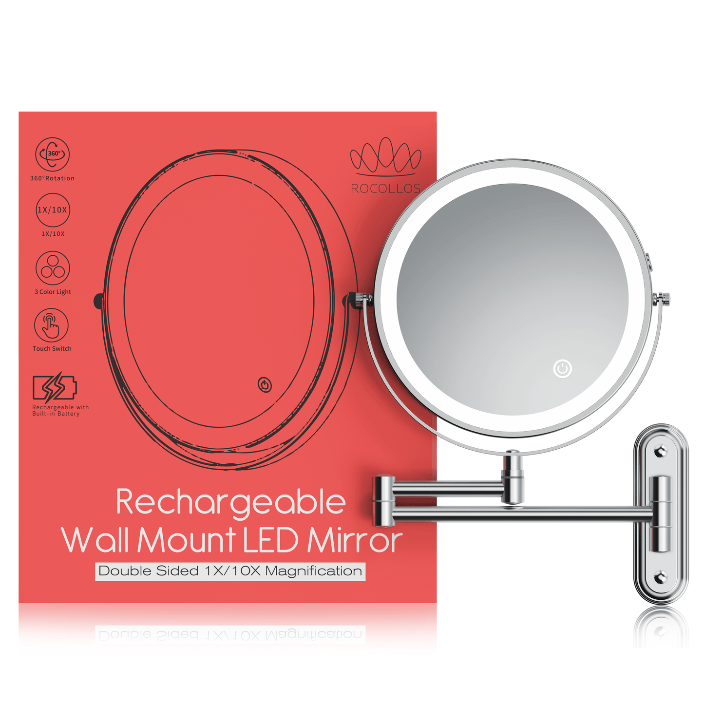 Rocollos 2.0 Chrome - Minimal Base Rechargeable Wall Mounted Lighted Vanity Personal Makeup Mirror