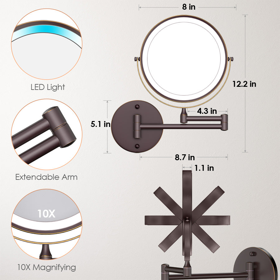 Rocollos 1.0 Bronze - Rechargeable Wall Mounted Lighted Vanity Personal Makeup Mirror