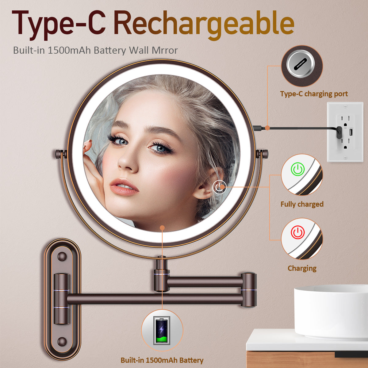 Rocollos 2.0 Bronze - Minimal Base Rechargeable Wall Mounted Lighted Vanity Personal Makeup Mirror