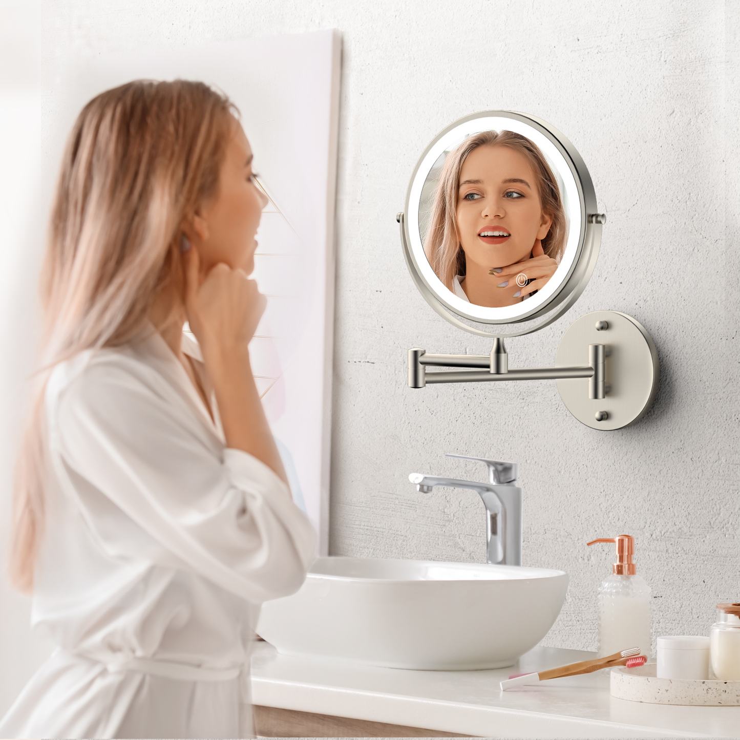 Rocollos 1.0 Nickel - Rechargeable Wall Mounted Lighted Vanity Personal Makeup Mirror