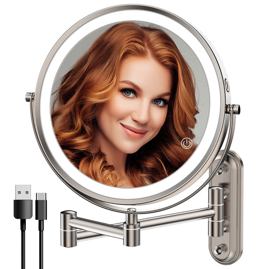 Rocollos 2.0 Nickel - Minimal Base Rechargeable Wall Mounted Lighted Vanity Personal Makeup Mirror