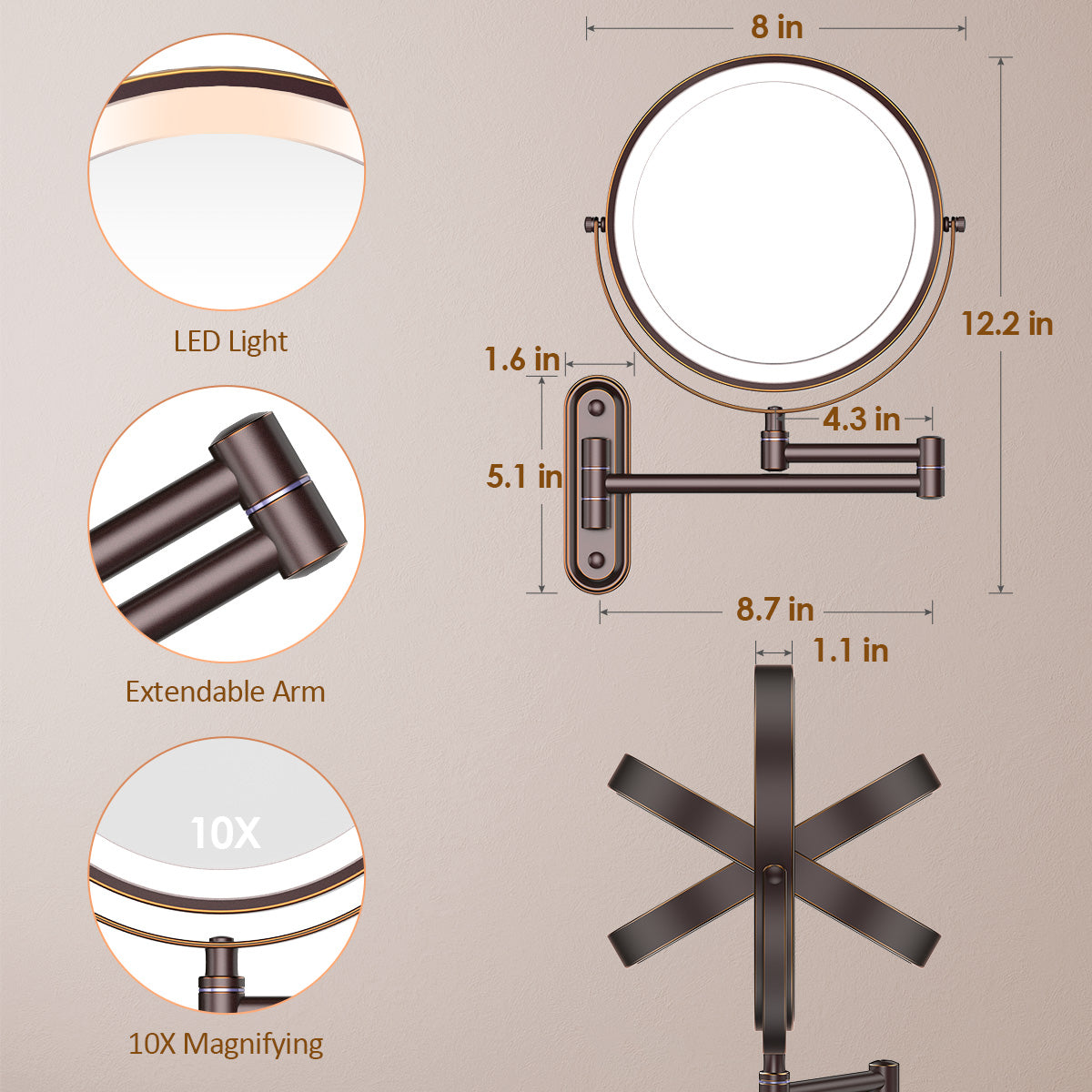 Rocollos 2.0 Bronze - Minimal Base Rechargeable Wall Mounted Lighted Vanity Personal Makeup Mirror