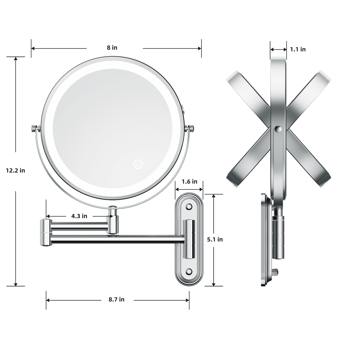 Rocollos 2.0 Chrome - Minimal Base Rechargeable Wall Mounted Lighted Vanity Personal Makeup Mirror