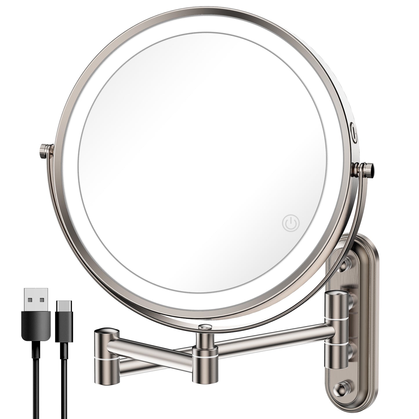 Rocollos 2.0 Nickel - Minimal Base Rechargeable Wall Mounted Lighted Vanity Personal Makeup Mirror