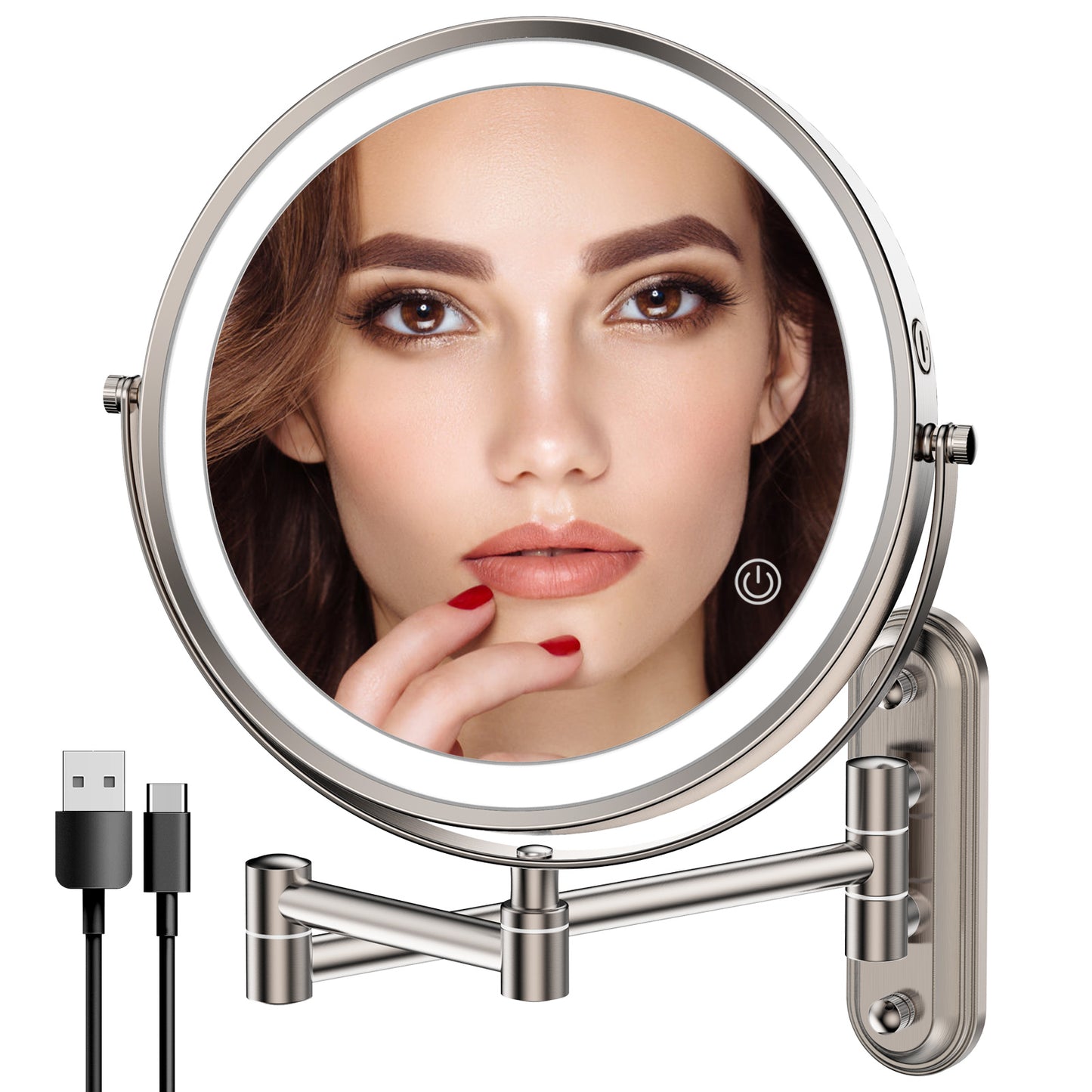 Rocollos 2.0 Nickel - Minimal Base Rechargeable Wall Mounted Lighted Vanity Personal Makeup Mirror