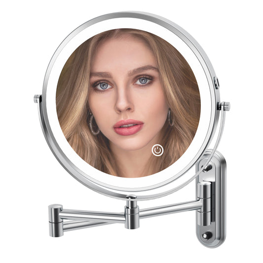 Rocollos 2.0 Chrome - Minimal Base Rechargeable Wall Mounted Lighted Vanity Personal Makeup Mirror